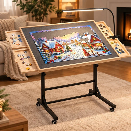 Rolling Puzzle Table with Storage Drawers and LED Light